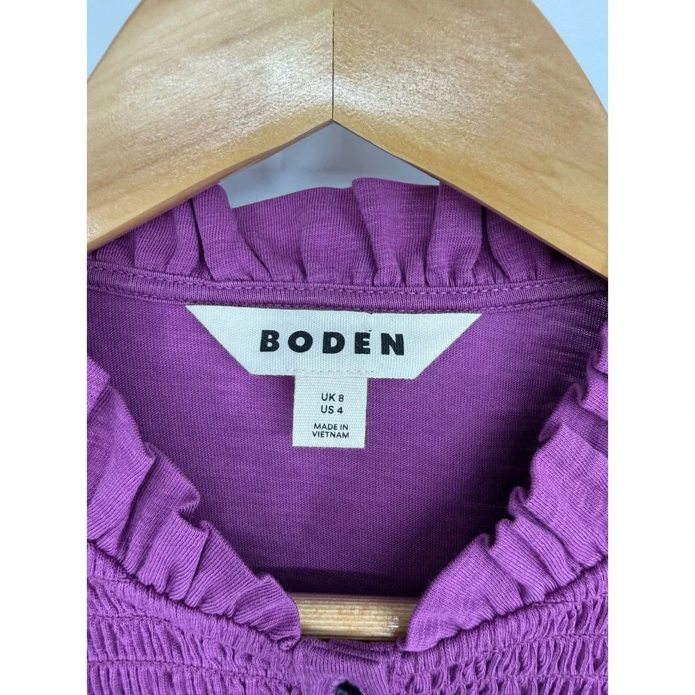Boden Womens Purple Smocked Yoke Ruffle Button Front Blouse Top US 4 Modal Blend
